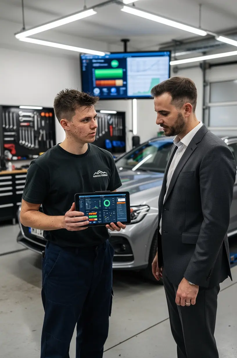 Servisný technik meria tlak v klimatizačnom okruhu auta počas preventívnej kontroly